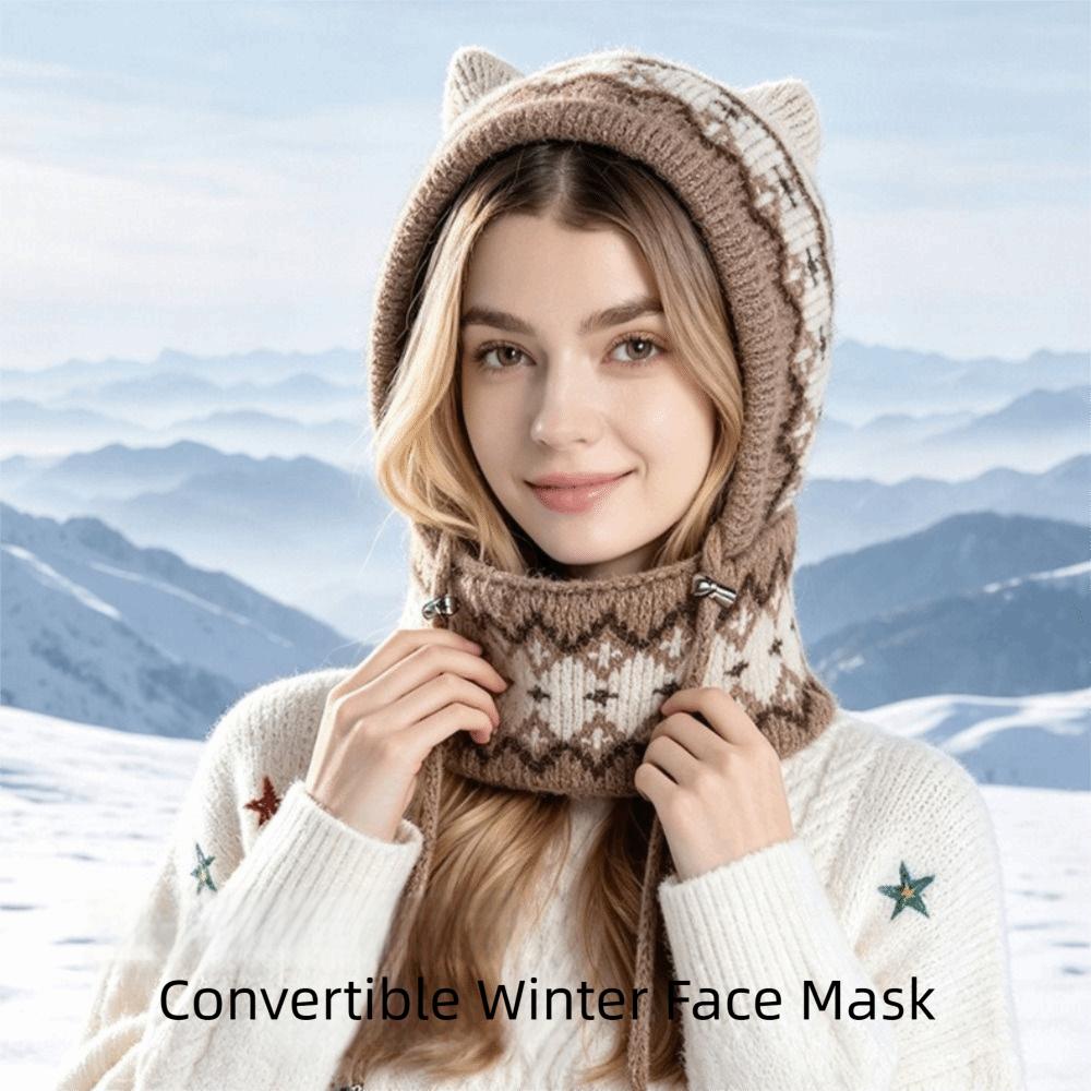 Earflap Design Winter Hat with Scarf Integrated Warmth Balaclava Hat Knitted Beanie Hat for Women