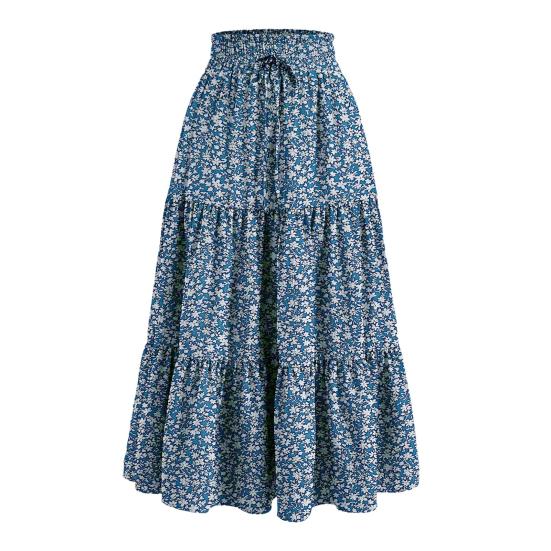 Женская юбка, эластичная, с высокой талией, на шнуровке, юбка-лето, в стиле бохо, с цветочным принтом, оборками, низом, длинная юбка