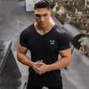 Muscleguys Men's Gym Clothing Summer V-neck Short-sleeved Korean Version Slim Breathable Knitted White T-shirt