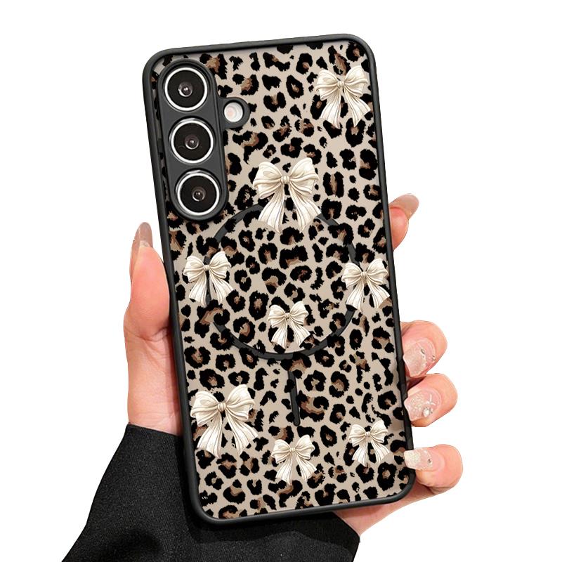 Чехол с леопардовым принтом и бантами для Samsung Galaxy S26 Ultra S25 FE S24 S23 S22 Plus S21 FE Магнитный Тонкий Гибридный Чехол из ТПУ+ПК Матовый