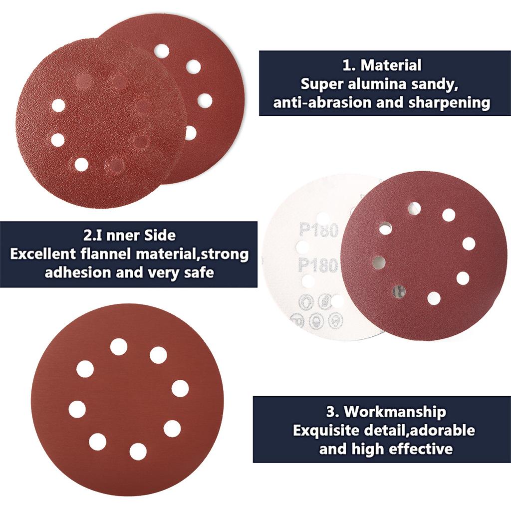 100Pcs 125mm Sanding Discs 8 Hole Hook Loop Sandpaper 80Grit-3000Grit Sanding Paper 5Inch Sanding Disc Abrasive Polishing Tools
