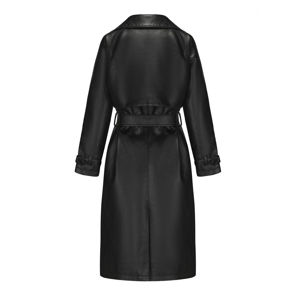 Women’s Coats Faux Leather Lapel Windbreaker PU Loose Three Row Button Trench Coat Classic Overcoat with Belt Autumn Winter Outer Wear