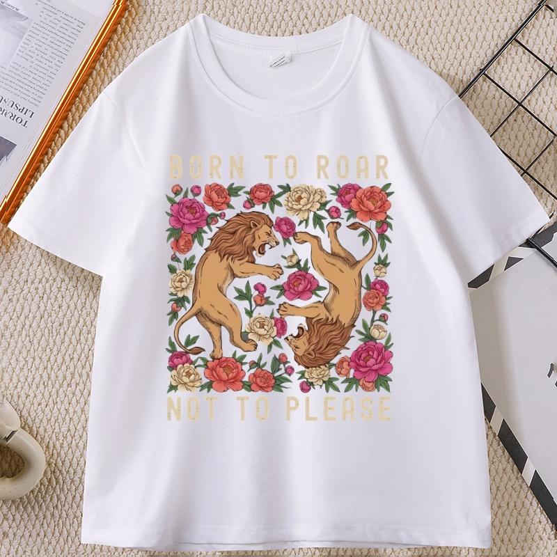 Born To Roar Not To Please TShirt Feminist Lion Graphic Tee Retro Floral Lion T Shirt Unisex Women Short Sleeve Tshirt Tops