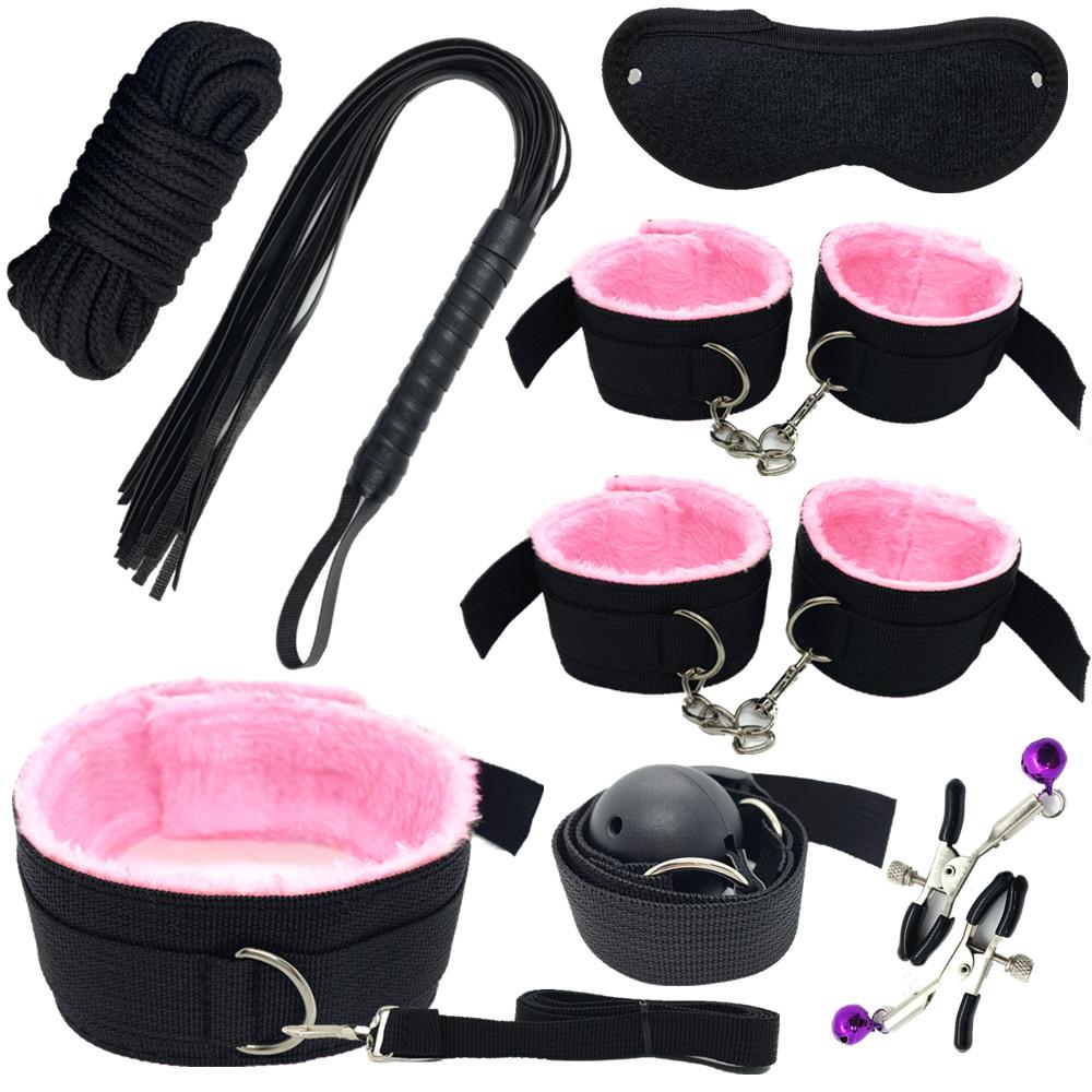 Сексуальный нейлоновый комплект БДСМ, плюшевый секс-бондажный набор, наручники, секс-игра, кнут, кляп, зажим для сосков, секс-игрушка