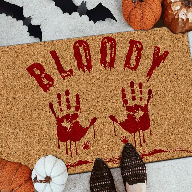 Хэллоуин Кровавый Ковер Мат Ужас Отпечаток Руки Ковер Череп SOS Текст Пробка Нескользящий Домашнее Украшение Коричневые Коврики для Пола Приветственный Коврик
