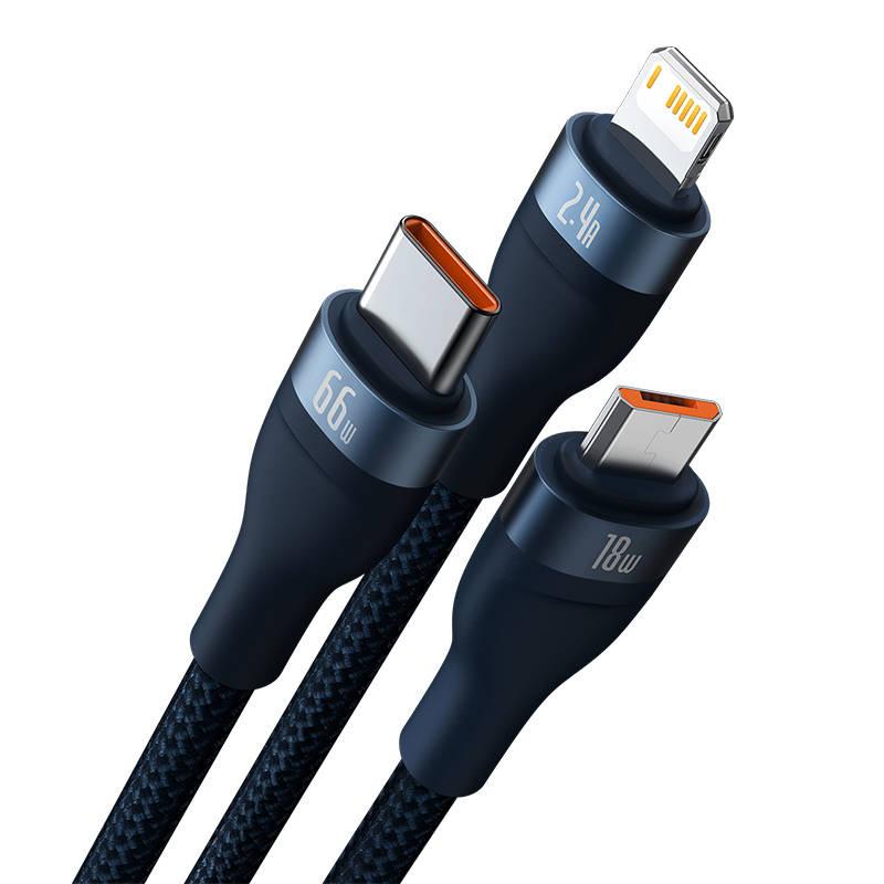 Baseus Flash Series 3-in-1 USB Cable, USB-C + Micro USB + Lightning, 66W, 1.2M (Blue)