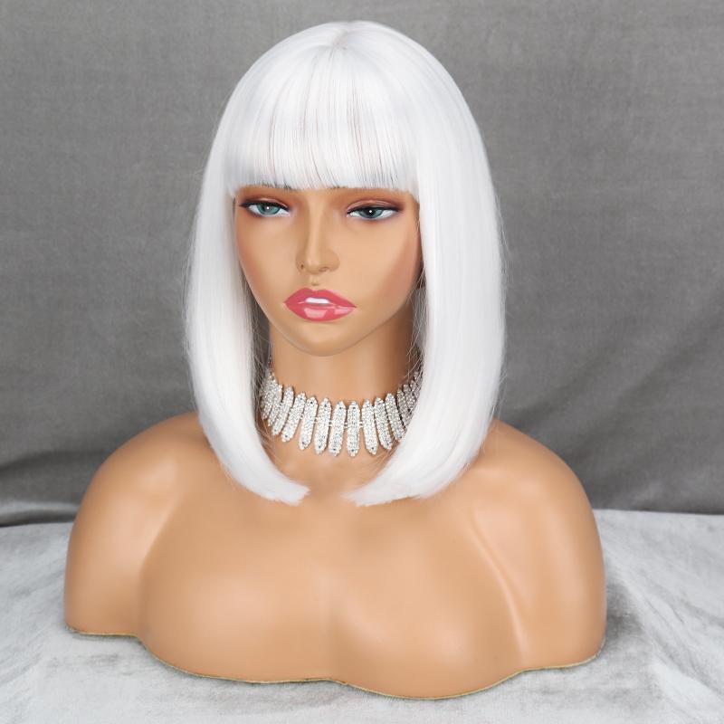 LISI HAIR Женская мода Короткий чистый белый прямой парик Боб с челкой Синтетическое волокно Длина до плеч Прямой парик Боб Белый Серебряный парик