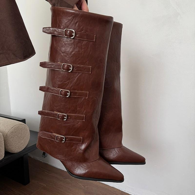 Ретро Высокие Ботинки-Рыцари с Острым Носком и Одной Пряжкой для Женщин, Осень-Зима, Большие Размеры, Брюки и Женская Обувь