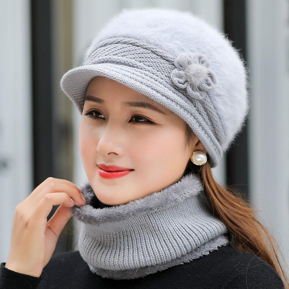 1PC New Women Winter Hat Keep Warm Cap Add Fur Lined Hat & Scarf Knit Suit Fashion Hat For Women Casual Rabbit Fur Flower Knitted Hat