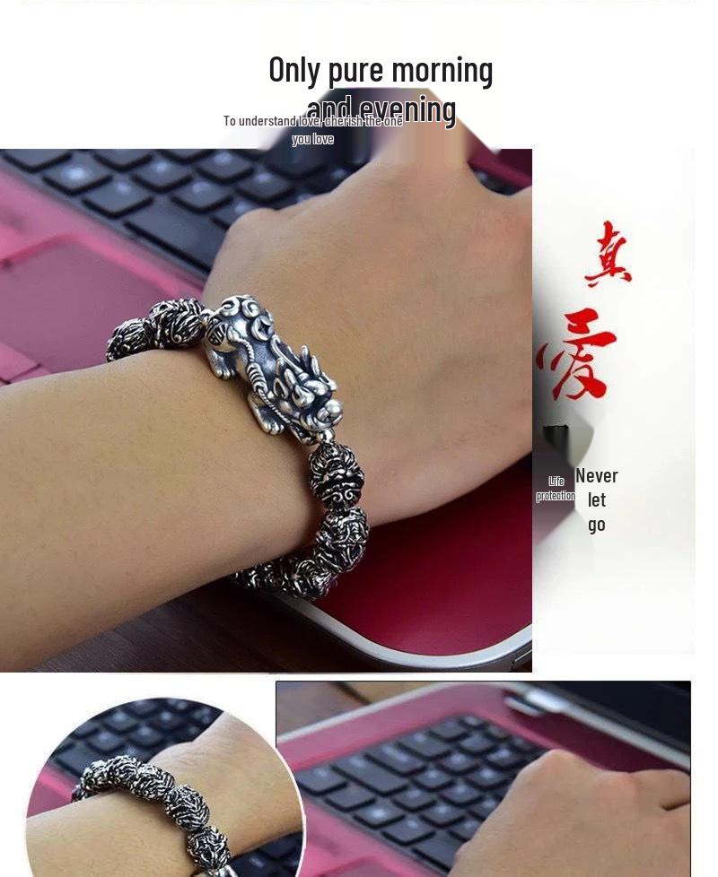 Black Myth Wukong Men's Retro Monkey Head Bracelet - Imitation Thai Silver Beaded Jewelry