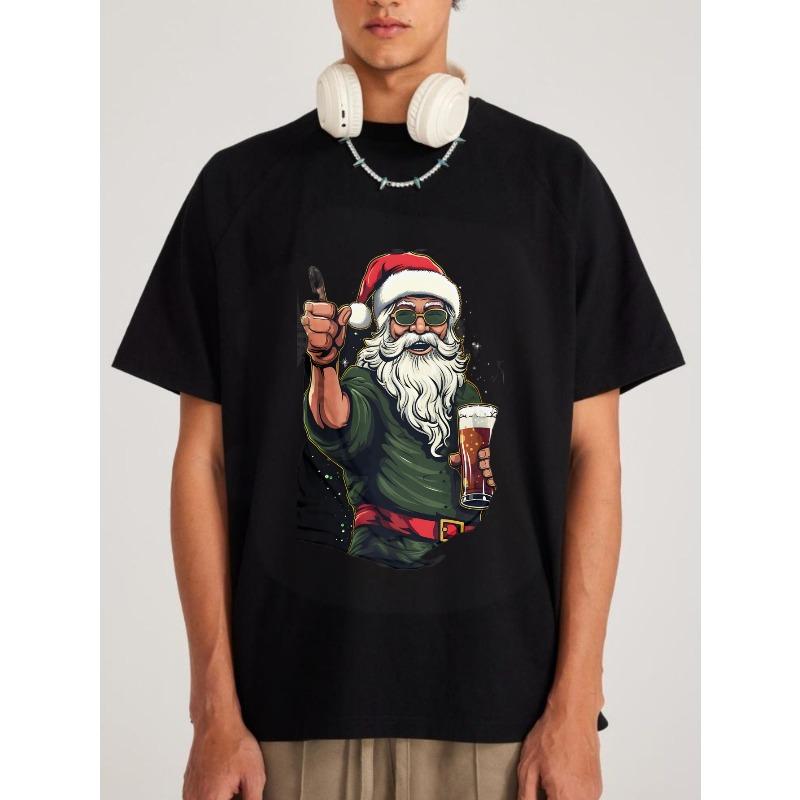 Christmas Santa Claus T Shirt Black Hipster Santa Holding Beer and Microphone Print Casual Holiday Party Wear for Men
