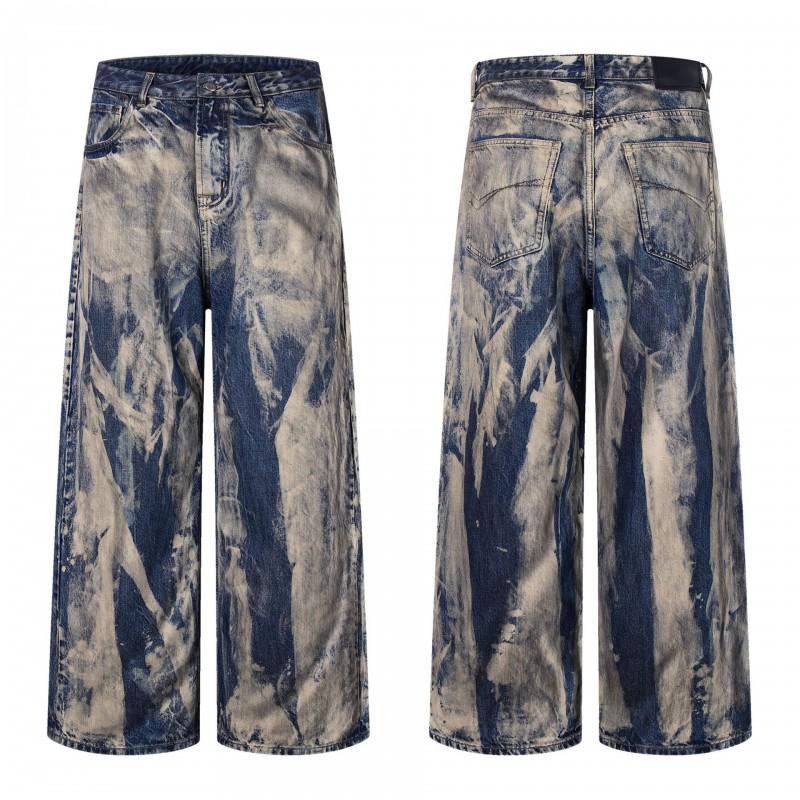 American High Street Style Washed Denim Jeans Loose Straight Leg Pants Teen Boys