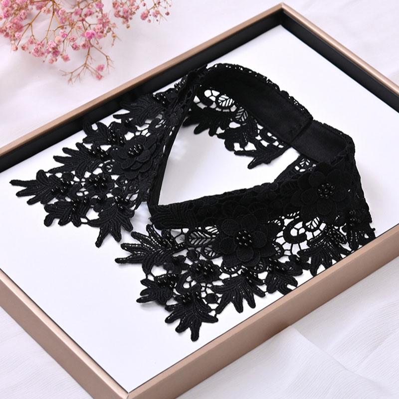 Lace Black White Fake Collar Tie Beading Detachable Collar Shirt False Collar Woman Blouse Top Dickey Detachable Lapel Necklace