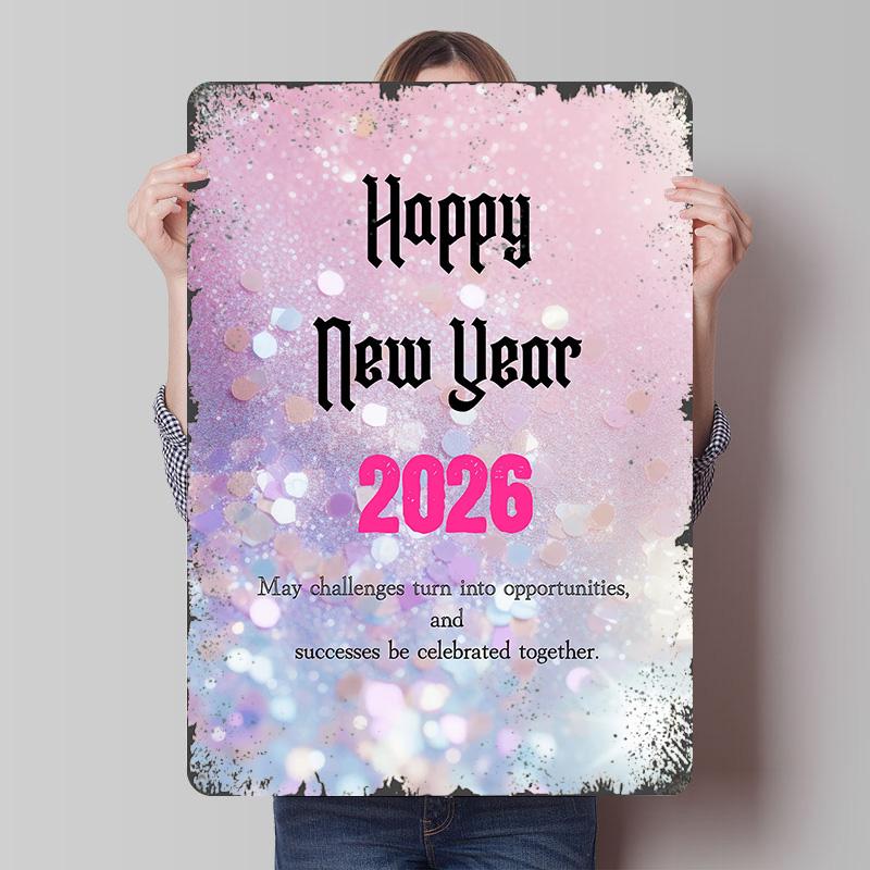 Happy New Year 2026 Glitter Tinplate Poster Customized Wall Art Vintage Retro Metal Signs for Aesthetic Room Decor Men Wand Deko