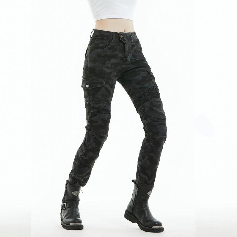 Womens Motorcycle Riding Pants With Protective Padding Camouflage Denim Style Stretchable All-Season Biker Trousers