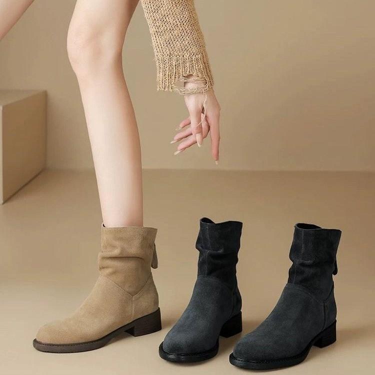 New Pile Boots Women's Maillard Western Cowboy Boots Autumn Pile Thick Heel Retro Medium Tube Martin Boots