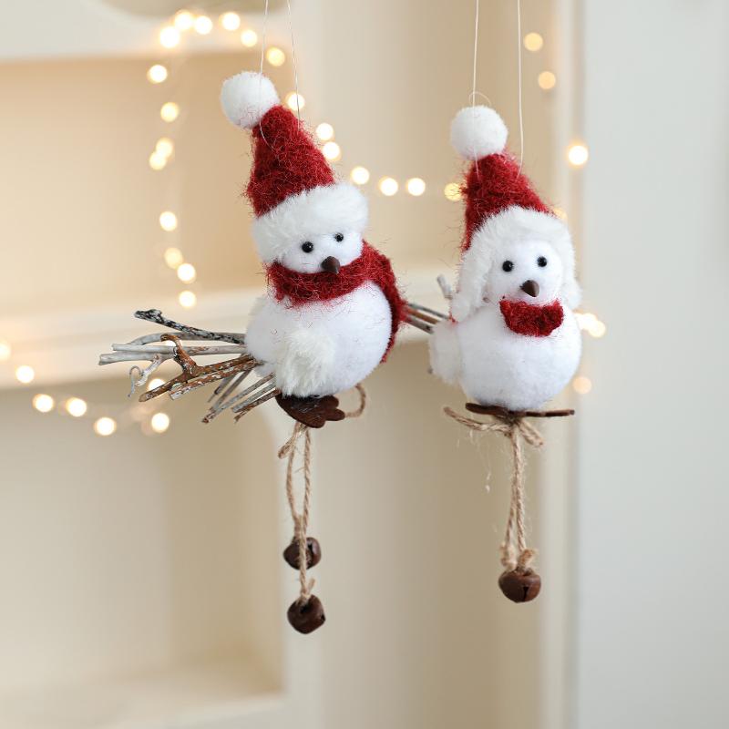 1Pcs Year Christmas Tree Hangings Faux Foam Bird Ornament Pendant Wool Felt Red Scarf Hat Birdie Navidad Decoration