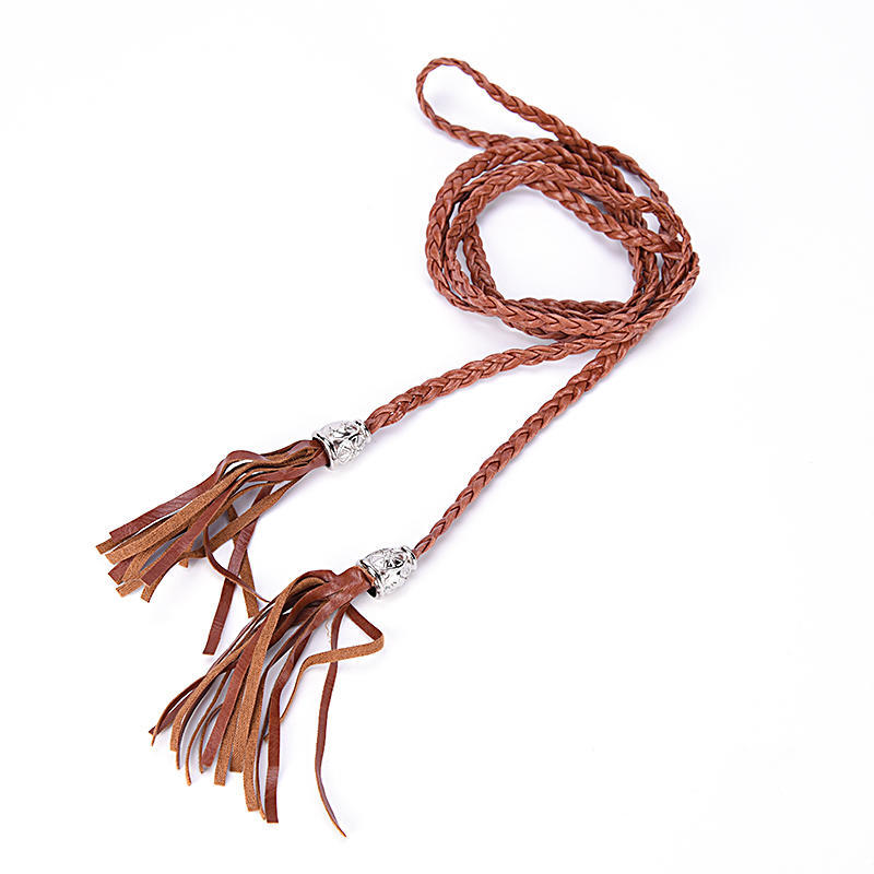 Boho Women Simple Pu Leather Tassel Braided Self-Tie Belt Thin Waist Rope Belt