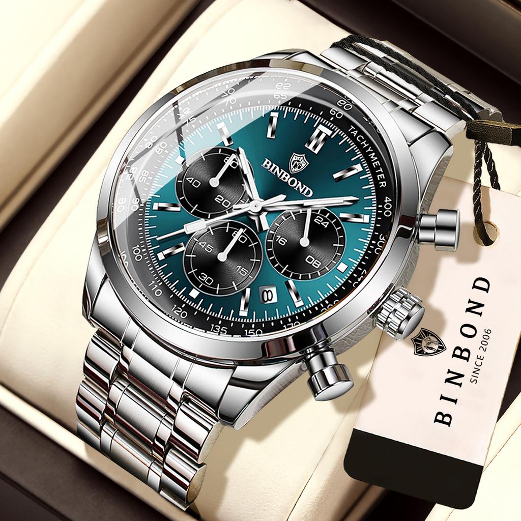 BINBOND Accurate Quartz Watches For Men Luxury Auto Date Chronograph Luminous Waterproof Men's Watch Stainless Steel Reloj