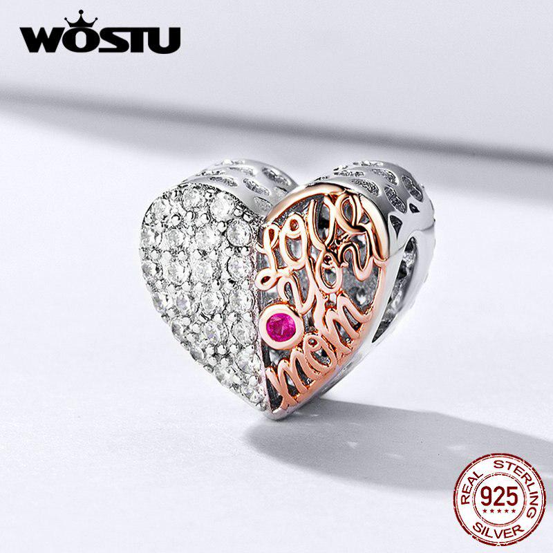WOSTU Love You Mom Heart Beads 925 Sterling Silver & Rose Gold Family Bead Fit Original Bracelet