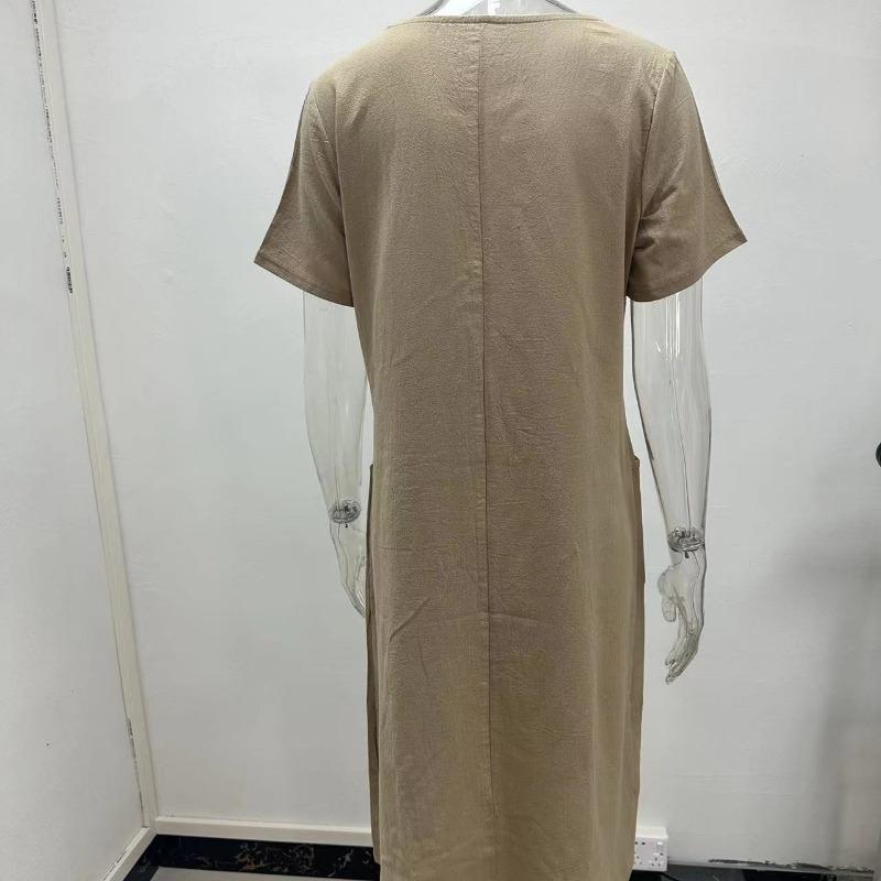 Летние новые свободные платья больших размеров из хлопка и льна, женские однотонные повседневные платья с круглым вырезом и короткими рукавами, женские трапециевидные элегантные винтажные женские платья 24463