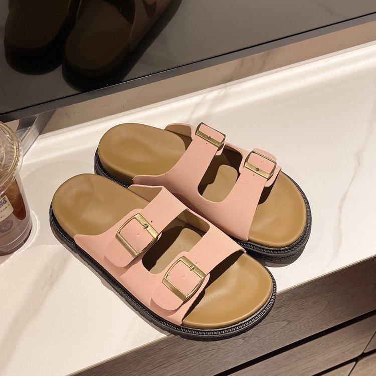 Thick-soled Cool Slippers for Women To Wear Summer New Retro Leather Buckle One-word Slippers Beach Casual Sandals