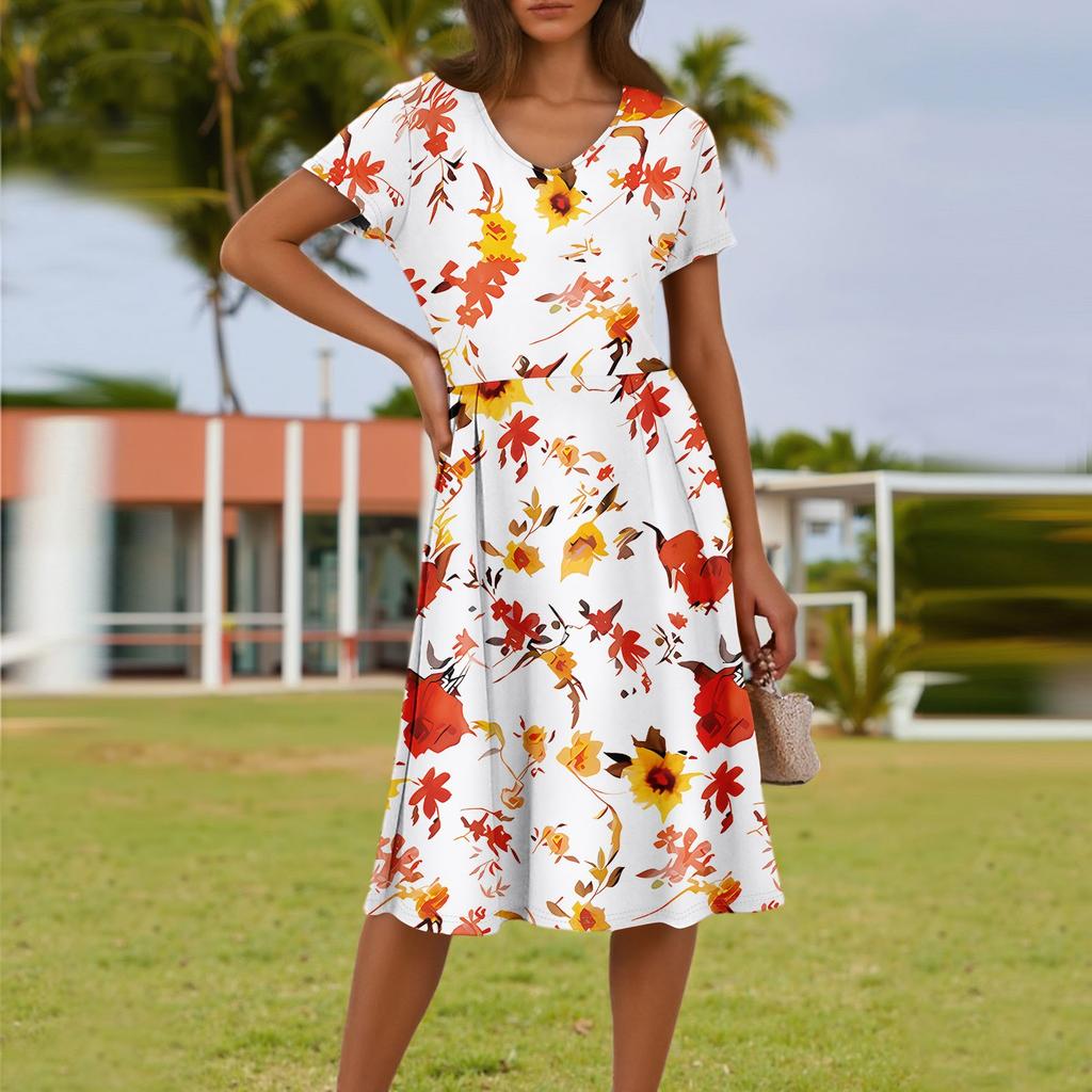 Ladies Summer Fashion Casual Floral Print V-Neck Short Sleeve Pocket Dress