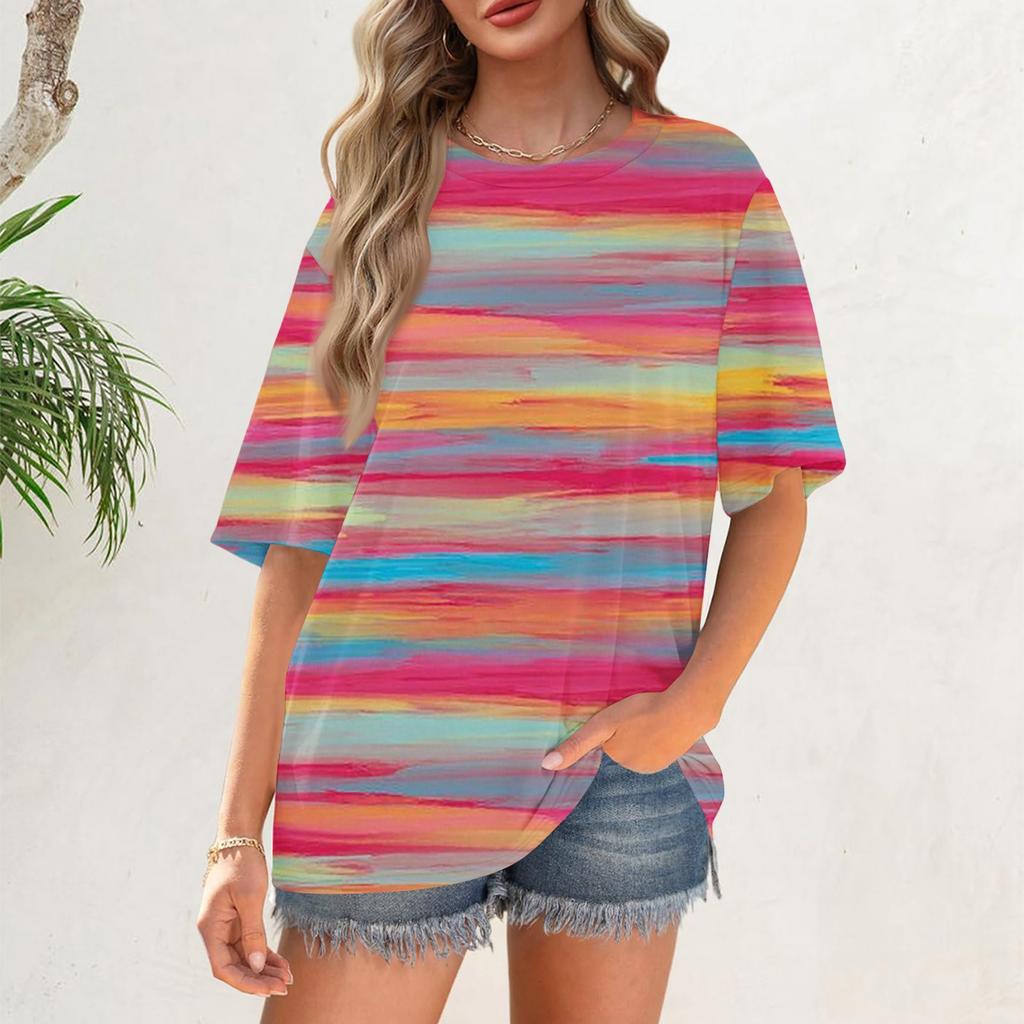 Women's Fashion Casual Gradient Color Loose Round Neck Short Sleeve Trendy Holiday T-shirt Top