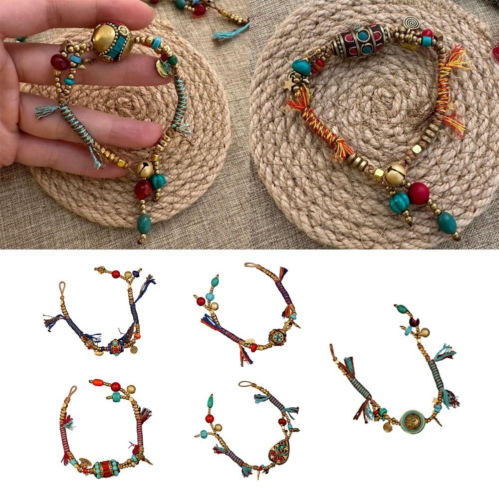 Регулируемый плетеный браслет из вощеного шнура с медными бусинами, плетеный браслет в древнем стиле, этнический браслет для девочек