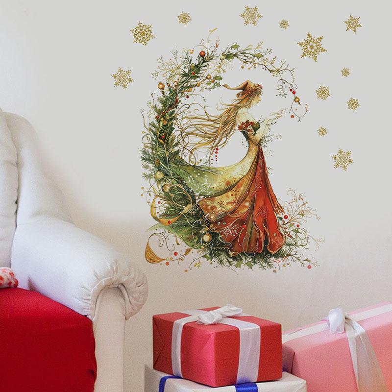 Christmas Wall Sticker: Green Tree with Gold Snowflakes and Red Girl Design for Living Room & Bedroom