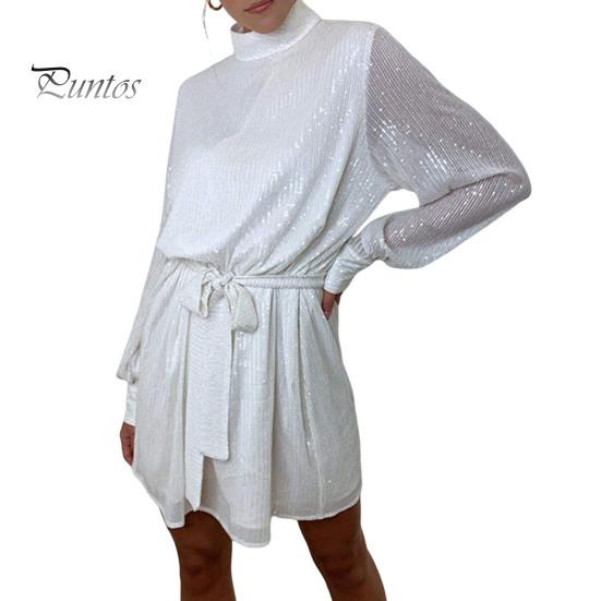 Женское платье со шнуровкой и блестками, короткое платье с круглым вырезом и длинными рукавами, однотонное весенне-осеннее платье с поясом на талии для вечеринок, свадеб, клубов, баров