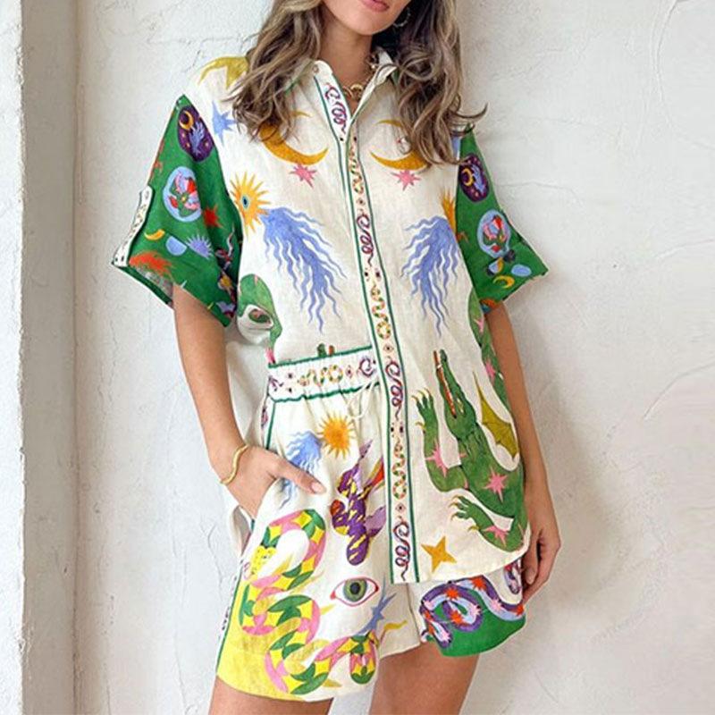 2026 cross-border foreign trade European and American women's clothing, new spring models, temperament casual printed shirt lace-up shorts set
