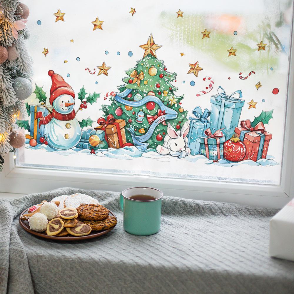 Рождественские украшения Снеговик Рождественская елка Подарочная коробка Спальня Гостиная Кабинет Фон Ландшафтный дизайн Наклейки на стену