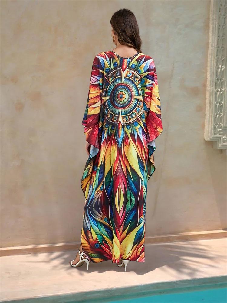 EDOLYNSA Vintage Colorful Printed Women's Plus Size Kaftan 2024 Summer Boho V-Neck Batwing Sleeve Sexy Beach Cover-ups Cozy House Dress Q1588