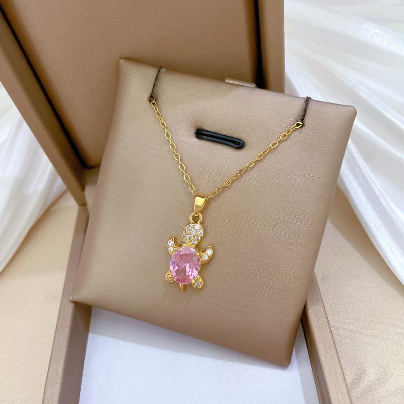 ZAKOL Stainless Steel Pink Sweet Cute Animal Crystal Tortoise Necklace Earring Set Women Girls Exquisite Jewelry Sets Gift