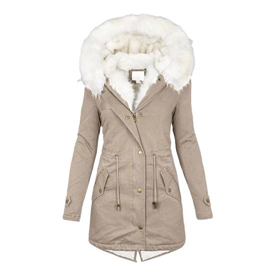 Women Winter Cotton Coat Plus Size Faux Fur Hood Fleece-lined Zip-up Press Button