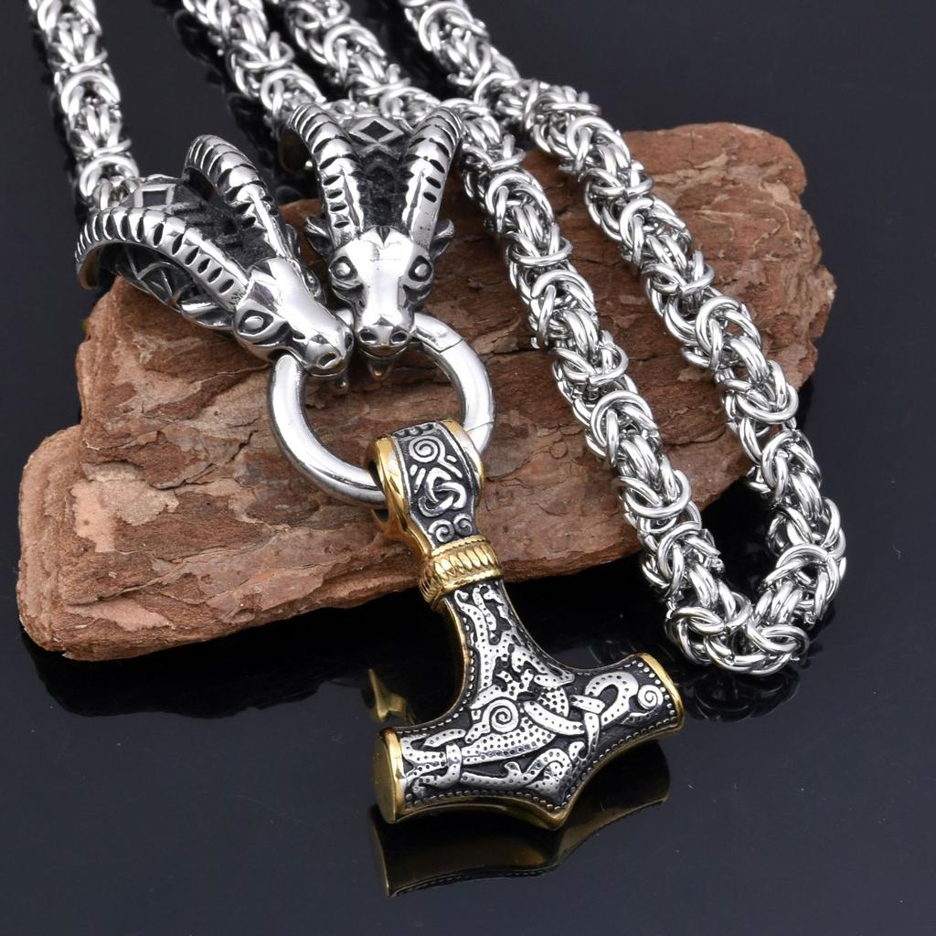 New European And American Men 'S Stainless Steel Viking Thor Ram Thor Hammer Pendant Necklace Fast Men 'S Jewelry