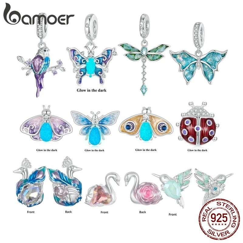 Bamoer 925 Sterling Silver Luminous Butterfly Beads Rainbow Enamel Insect Pendant Charms for Women Bracelet DIY Accessories