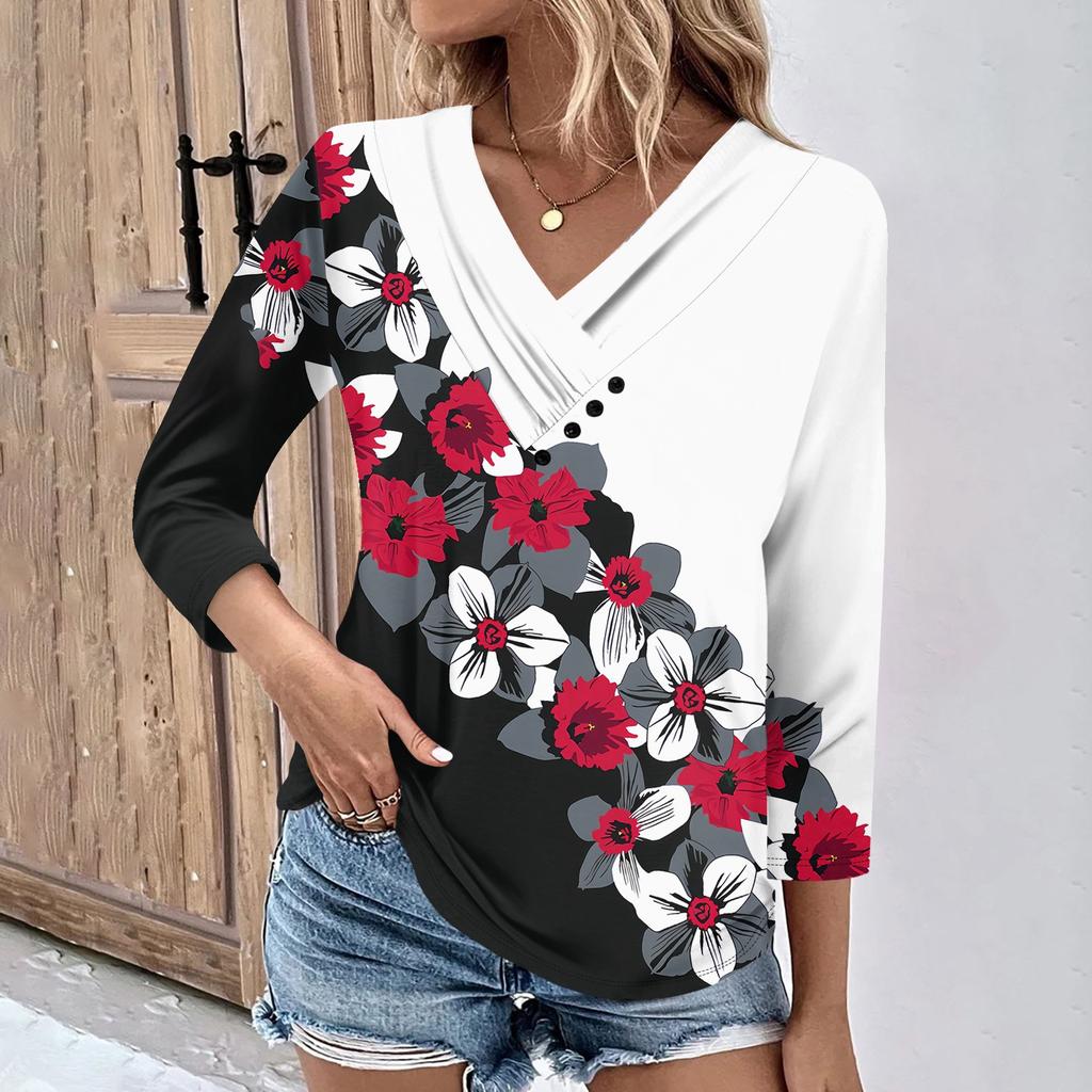 Womens 3/4 Sleeve Daily Weekend V Neck Casual Printed Tshirts Loose Fit Pleated Tees Ladies Blouse