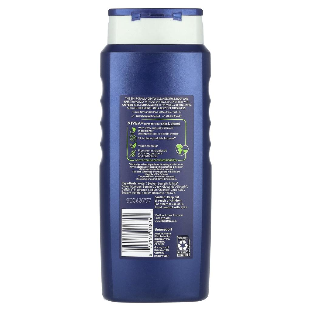 Nivea Men's, Boost 3-In-1 Body Wash, Citrus Fragrance + Caffeine, 16.9 Fl Oz (500 Ml)