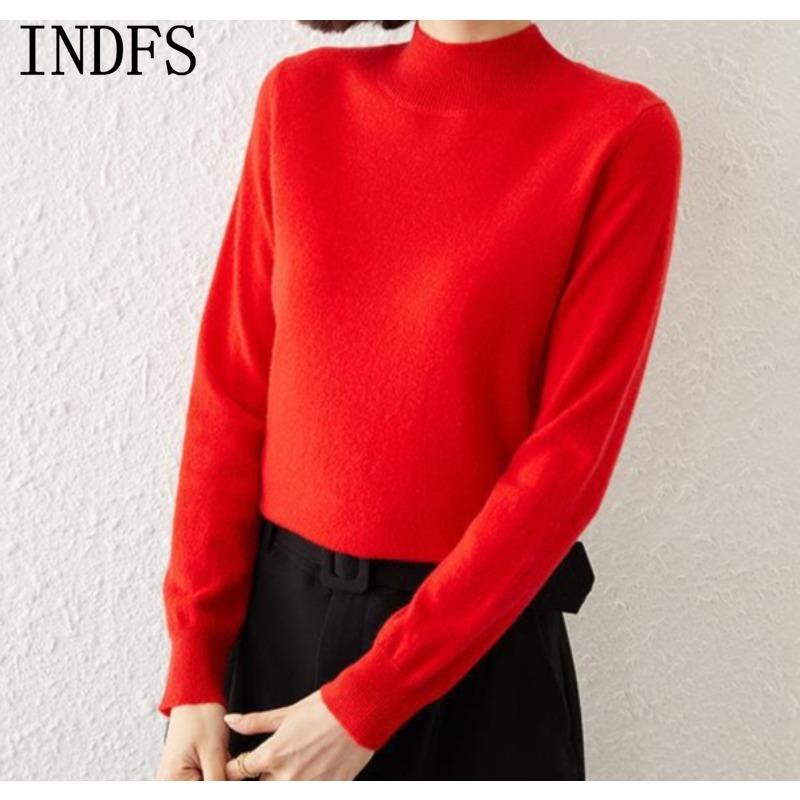 INDFS Women's Fashion Casual Fall Winter Solid Color Print Long Sleeve Half Turtleneck Sweaters