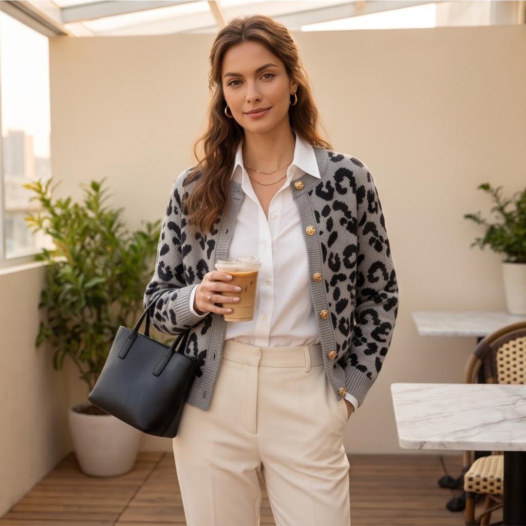 Women's Leopard Print Knit Cardigan Long Sleeve Round Neck Trim Casual Outerwear