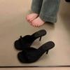 French Square Head Niche Outerwear Bow Muller High Heel Slippers Women's Thin Heel Sandals Black Sexy Half Slippers