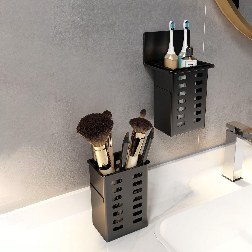 Plastic Wall Mounted Storage Box No Drill Self Adhesive Makeup Brush Storage Box Space Saving Simple Toothbrush Storage Rack