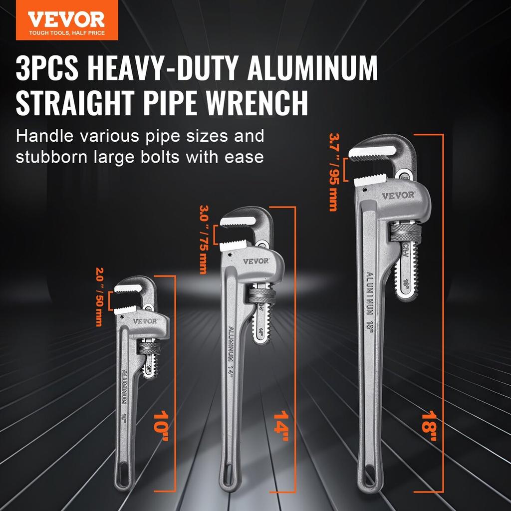 3PCS Aluminum Straight Pipe Wrench Set 10/14/18 in Plumbing Wrench CRV Jaw