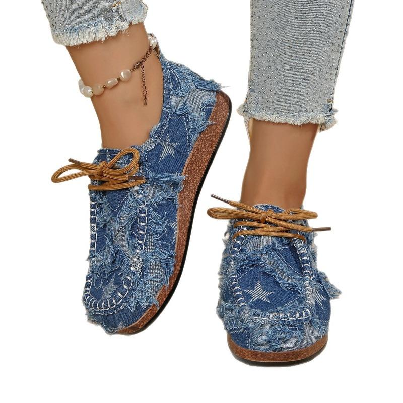 Джинсовые низкие кеды на шнуровке 2025 Осень Новинка Большие размеры Холщовые спортивные туфли для женщин