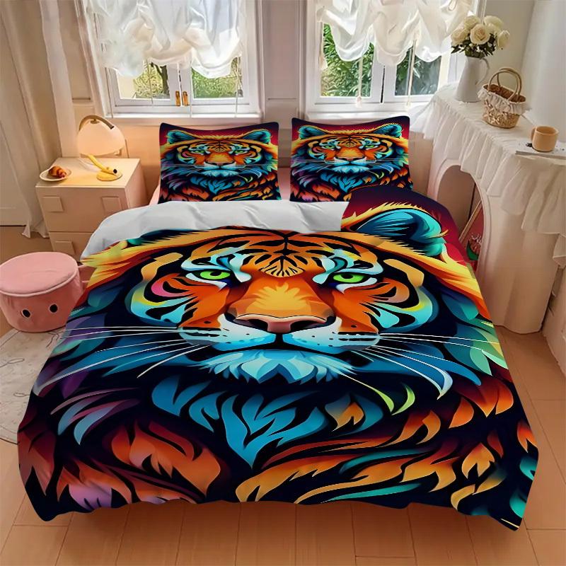 3pcs Tiger Print Bedding Set - 1 Duvet Cover + 2 Pillowcases(Core Not Included), Machine Washable Polyester yy251216151