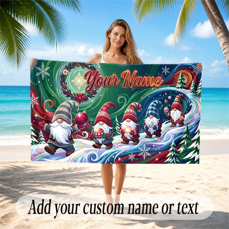 Gnome Theme Quick Dry Beach Towel Custom Name Text Print Large Sand Resistant Towel Beach Vacation
