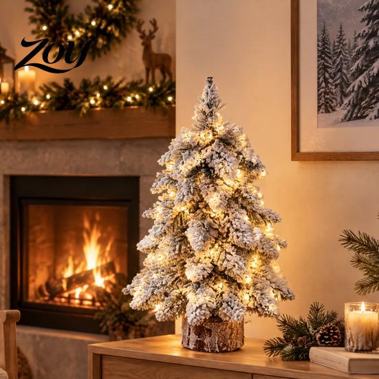 Artificial Cedar Tree with Wood Base Mini Flocked Christmas LED Lights, Small Tabletop Nordic Battery Operated Xmas Decoration Base, Rustic