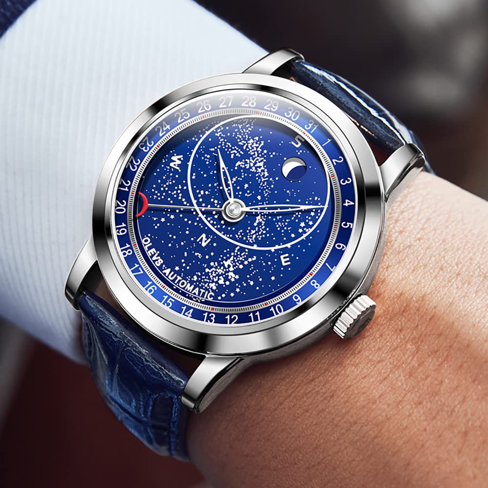 OLEVS Мужские крутые автоматические часы «Звездное небо» с роскошным кожаным ремешком, скелетонизированный дизайн, водонепроницаемые, синие…